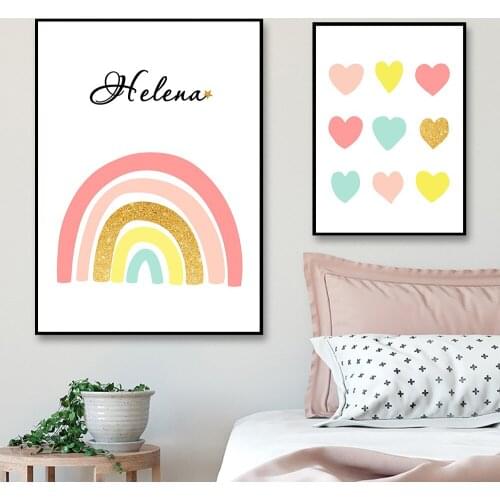 Poster Kindergarten Canvas Painting Rainbow Custom Name Print Pink Heart Poster Baby Kids Room Picture Wall Decoration Poster
