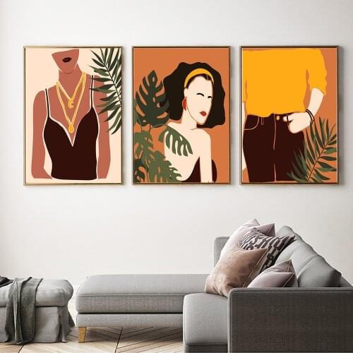 Girls Black Woman Canvas Posters Nordic Figure Leaf Painting Wall Art Prints Pictures Boho Decoration Home Decor