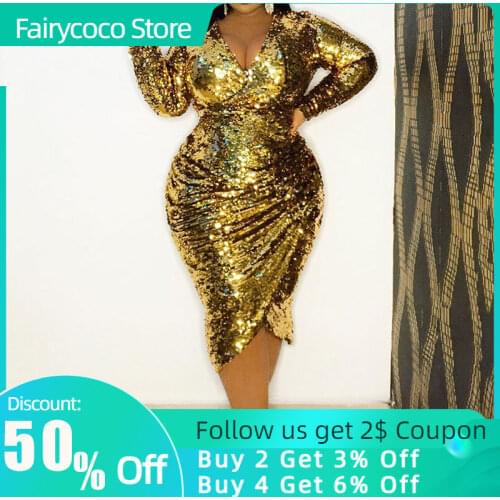 Sequins Dress Women Luxury Sexy Fashion Golden For Party Night Club African Ladies V-Neck Long Sleeve Plus Size 2021 Spring