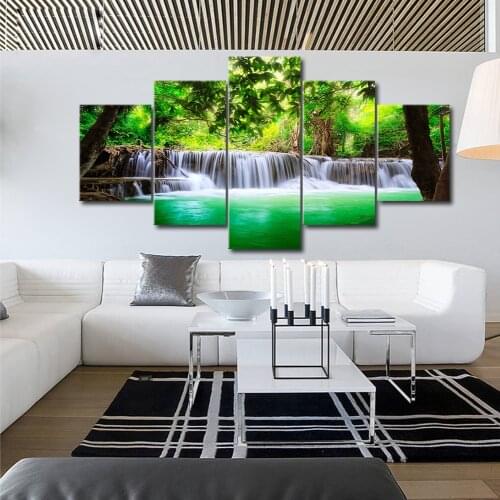 Print HD Home Decor Poster Framed 5 Pcs Nature Forest Green Lake Waterfall Painting Canvas Pictures Living Room Wall Art