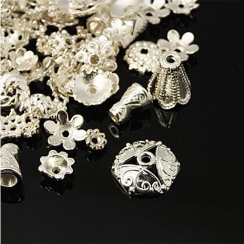 Pandahall about500pcs Tibetan Style Bead Caps, Mixed Shape, Silver, about 8~20mm in diameter, 3~8mm thick, hole: 0.5~2mm