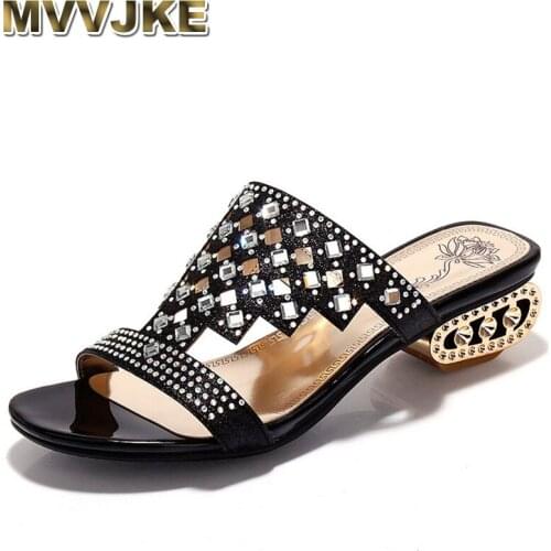MVVJKE New Design Pierced Rhinestone Women Slippers Bohemia Sequins Slides Fashion Square Heel Summer Party Slippers Plus Size