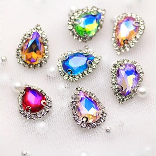 Mix AB color Waterdrop shape sew on Rhinestone with silver base Rhineestone applique with holes Flatback crystal strass