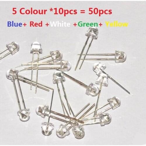 Blue Red White Green Yellow Colour 50PCS=5 Value *10pcs 5MM Straw hat LED KIT 5MM DIY Assorted set pack 5mm transparent cove