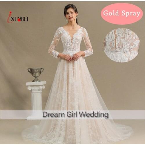 Vestido De Noiva Real Picture Gold Spray Wedding Dresses Long Sleeve O Neckline Lace Ball Gown Bridal Dresses Robe De Mariee