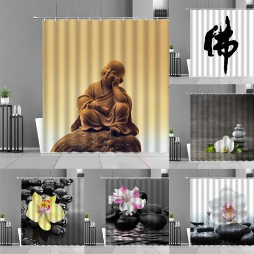 Zen Buddha Shower Curtain Purple White Flower Plant Green Bamboo Scenery Bath Curtains Home Bathroom Spa Decor Screen Waterproof
