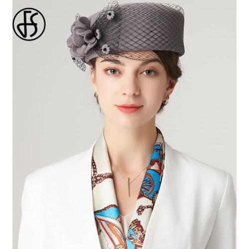 FS 2021 New Fascinator Hat With Veil Women Wedding Church Party Cocktail Pillbox Hats Flowers Derby Winter Bridal Red Black Hats