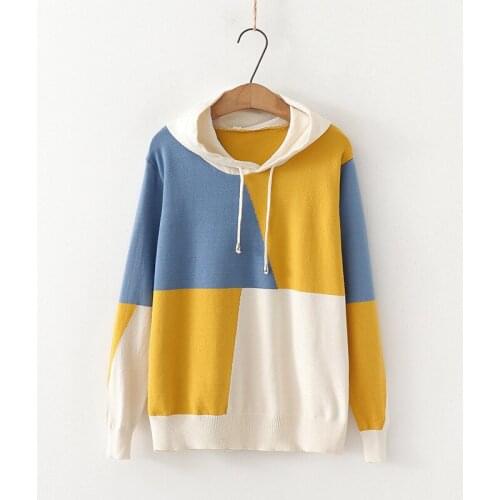 Urifens 2021 Spring Autumn And Winter Women Knitting Spell Coloured Hoodies Fashion Short Loose Sweatshirt Jumper T415