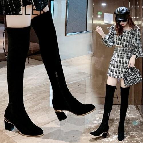 2020 Fashion Women Boots Winter Over The Knee Heels Quality Suede Long Comfort Square Botines Mujer Thigh High Boots