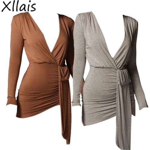 XLLAIS Long Sleeve Including Sashes Party Dresses Women Sexy V-Neck Tight Soft Mini Vestidos Lady Summer Casual Cute Clothes
