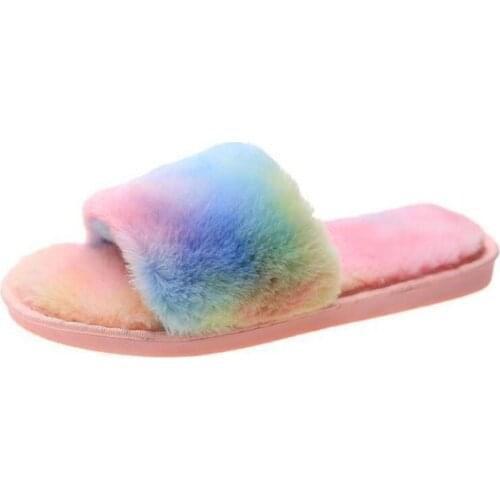 Winter Candy Color Plush Womens Slippers Furry Fake Fur Slide Indoor Warm Fluffy Home Slippers Womens House Faux Fur Sliders