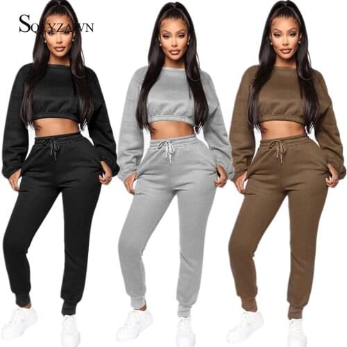 Winter Thick Fleece Hoodies Tops and Pants Two Piece Set Women Tracksuit Crop Top Trousers Casual Sportwear Matching Set Outfits