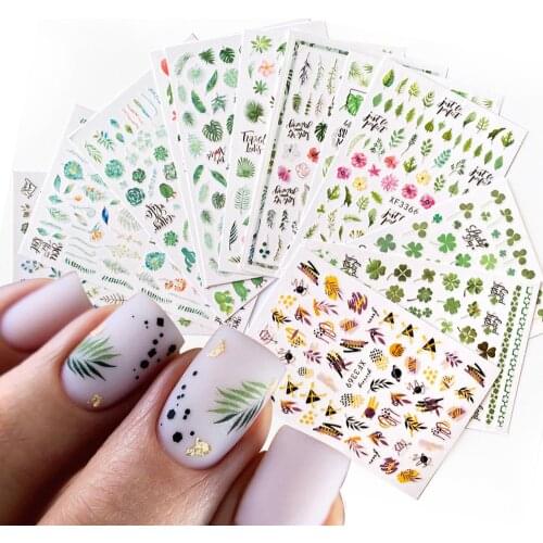 12pcs/set Mixed Leaf Summer Designs 3d Nail Sticker Beauty green leaves Nail Transfer Decal Manicure Nail Art Decoration Slider