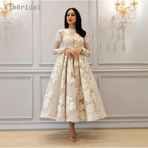 White Prom Dresses Lace Appliques Long Sleeve A Line Tea Length Evening Dresses Arabic
