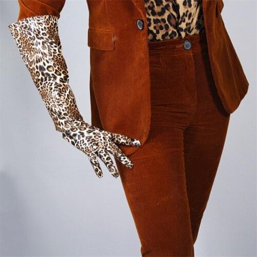 50cm Patent Leather Long Gloves Wide Cuff Lantern Sleeve Emulation Leather Animal Pattern Brown Leopard Female WPU71-50W