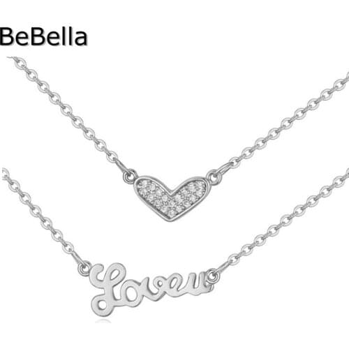 BeBella 2 Layer Double Chain Heart And Love Charm Necklace With Micro Pave Setting High Quality Cubic Zirconia Stone Gold Color