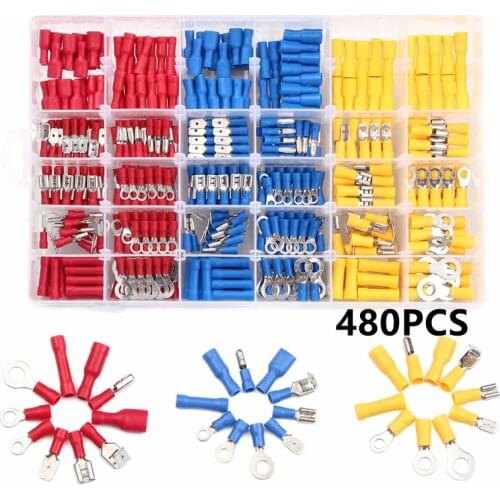 480Pcs Assortment Insulated Electrical Wire Cable Connectors Spade Ring Piggy Back Bullet Set Crimp Butt Splices Terminals Kit