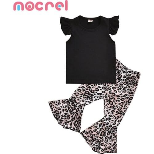Ins the new girls black wave sleeve + leopard grain wide-legged pants baby clothes girl Cloth Baby Girl Baby girl clothes