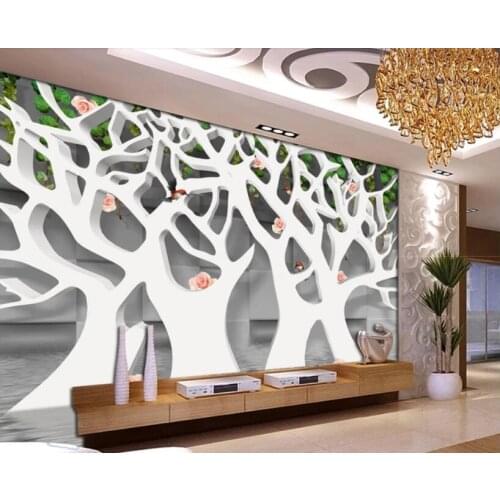 CJSIR Custom Wallpaper 3d White Abstract Tree Red Rose Squares TV Background Wall Murals Wallpaper for Wall 3 D Papier Peint