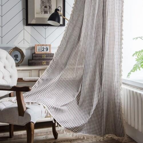 Simple Brown Plaid Print Partition Curtain with Lace Tassel Soft Cotton Linen Semi-shading Fabric Rod Pocket Processing