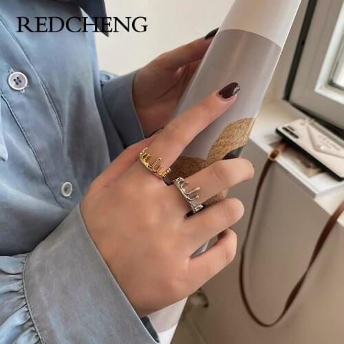 REDCHENG 925 Sterling Silver Irregular Crown Pattern Opening Rings for Women INS Fashion Funny Waves Anniversary Jewelry Gifts