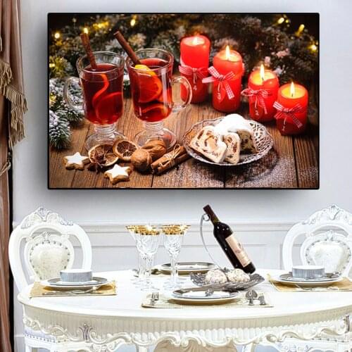 Christmas Cake Candles Drinks Scandinavian Canvas Painting Cuadros Posters and Prints Kitchen Wall Art Food Picture Living Room
