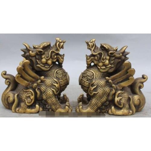 S01459 7" Chinese Feng Shui Bronze kylin Chi-lin Unicorn Wealth Coin Rich Pair Statue