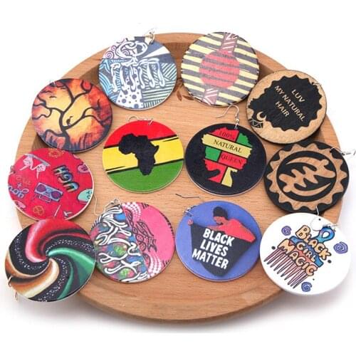 SANSHOOR Mixed Afro Wood Earrings With African Queen Map Comb Tribe Adinkra Pattern As Christmas Gifts For Women Blacks 6Pairs
