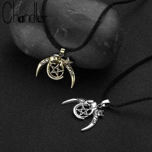 Chandler Cute Moon Cat Pentagram Necklace Unisex Pentacle Pendant Antique Bronze Plated metallic Handmade Dangle Lovers Gift