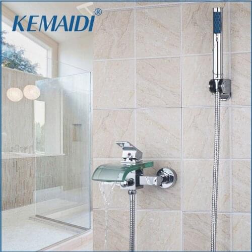 KEMAIDI New Glass Spout Tub Shower Faucet Set chuveiro banheira Chrome Wall Mount + Handheld Shower Tap Mixer Faucets