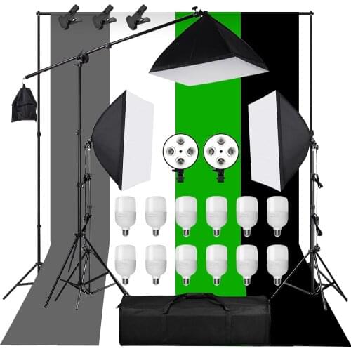 Photography Softbox Lighting Background Kit 4in 1 Lamp Holder E27 Socket Continuous Lighting Cantilever Boom Arm Green Backdrop