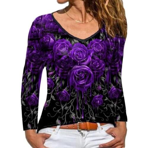 Women Fashion Autumn Long Sleeve T Shirt Floral Printed O Neck Long Sleeve Loose Tees Lady Rose Printed Casual Pullover Blouse