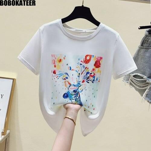 Short Sleeve T shirt Women Clothing Vintage Summer Tops Female T-shirt Printed Korean Fahsion Tee Shirt White Satin Casual 2021