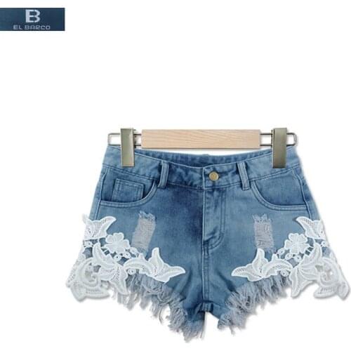 [EL BARCO] Summer Cotton Flower Appliques Sweet Shorts Female Ripped Holes Blue Casual Denim Jeans Women Soft Trousers Size 2XL