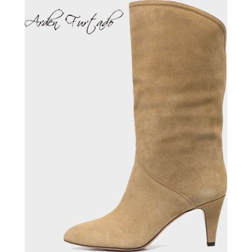 Arden Furtado 2021 Fashion Womens Shoes Pointed Toe Stilettos Heels Elegant Pleated Green nude suede med half slip on Boots 41