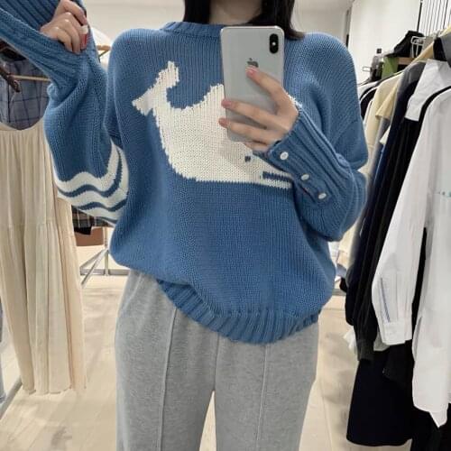 TB THOM Brand Women Sweater Blue Whale Loose Casual Soft Couple Top Korean Design Girl Pullover High Quality
