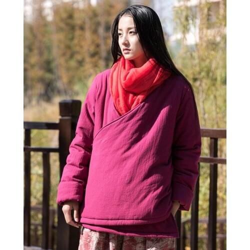 Women original National Winter warm cotton Linen slim Coat Female Padded Solid Color Overcoat Outwear