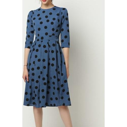 Ladies Dot Print A-line Dresses Womens Summer Dress O Neck Office Midi Dress Women Spring New