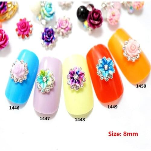 100pcs/bag Super Top Quality Metal Nail Crystal 3d Colorful Resin Dyed Flowers Nail Art 2018 Nail Jewelry New Arrive