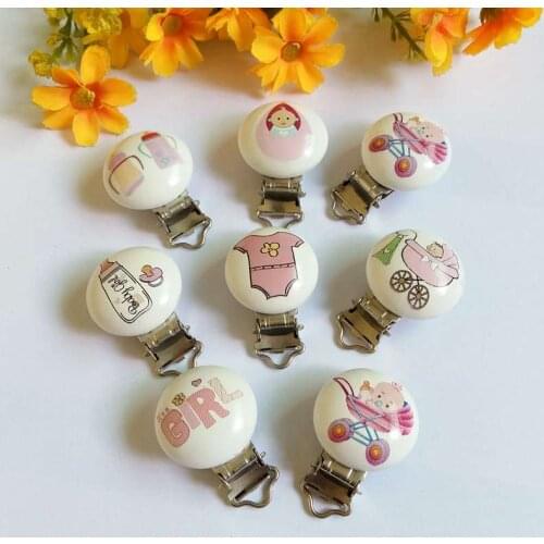 Random mix 5pcs Cartoon pattern Baby Pacifier Clips Wood With Metal Holders For With Metal Soother Holder