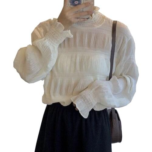 Women Chiffon Shirts Autumn Winter Half Turtleneck Long Sleeve Korean Pleated Bottoming Blouses Ladies Loose Thin Tops Plus Size