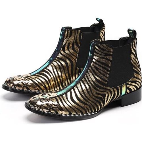 Botas Hombre High Quality Original Genuine Leather Men Shoes Ankle Boots Gold Stripes Pointed Toe Flats Party Formal Dress Boots