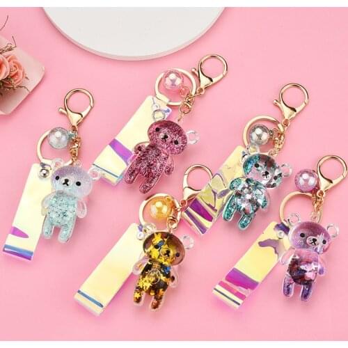 Korean Quicksand Acrylic Oiling Keyring Cartoon Bear Keychain Symphony Leather Bag Pendant Key Chains Jewelry
