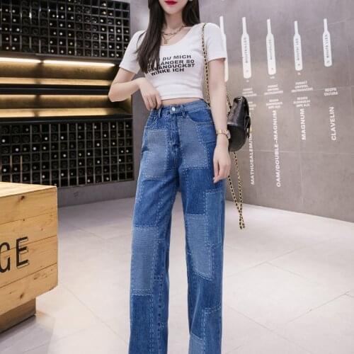 Patchwork Straight Leg Jeans Woman High Waist Denim Trousers Sexy Vintage Blue Streetwear Pants