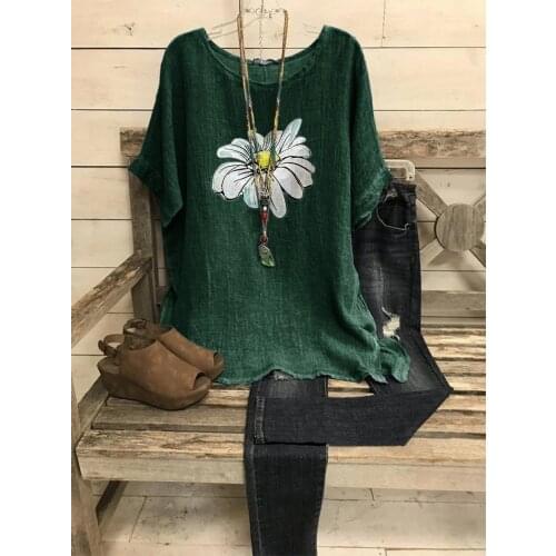 Summer New Fashion Women Short Sleeve Round Neck Tees Flower Print Vintage Oversize Loose Casual Cotton Comfortable t-Shirt Tops