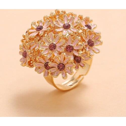 Romantic Pink Flower Rings for Women Bohemian Rhinestone Statement Ring Adjustable Female Bridal Wedding Beach Party Jewelry