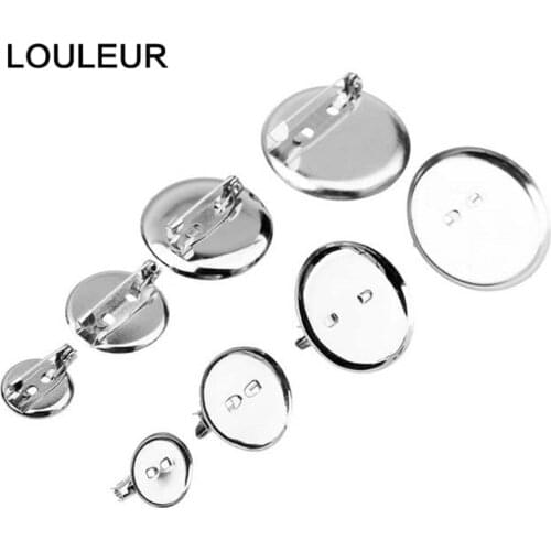 LOULEUR 50pcs/lot Rhodium 15 20 25 30 mm Round Brooch Base Cabochon Base Blanks Trays with Brooch Pins Cameo Cabochon Setting