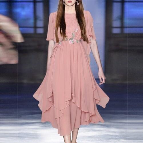 Designer Fashion Summer Midi Dress Runway New Embroidery Beading Three-dimensional Floral Irregular Dresses