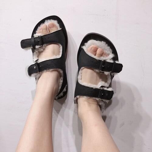 Fashion women real wool fur flat sandals ladies flat fur sandals