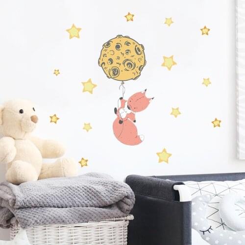 Cartoon Planet Balloon Wall Stickers Kids rooms Bedroom Wall Decor Cute Fox Wall Decals for Children Rooms Decoration Art Murals